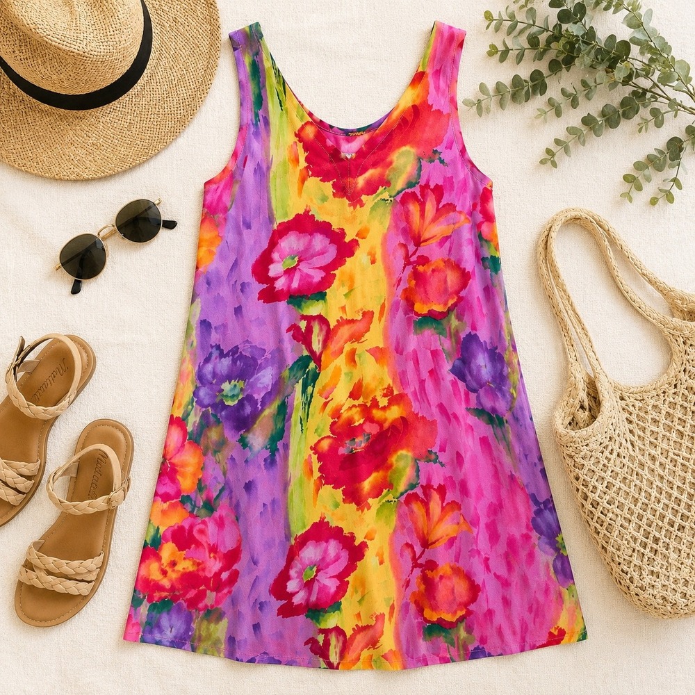 Jams World Floral Shift Dress Size 11 Hawaiian Tropical Art Print Resort Dress